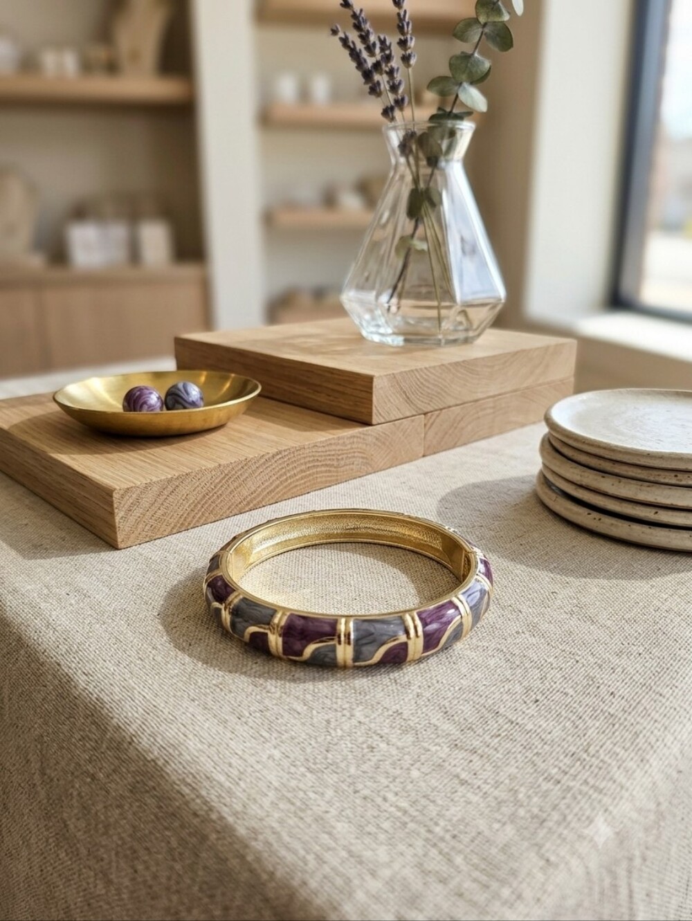 Purple and Gray Gold-Trim Bangle Bracelet